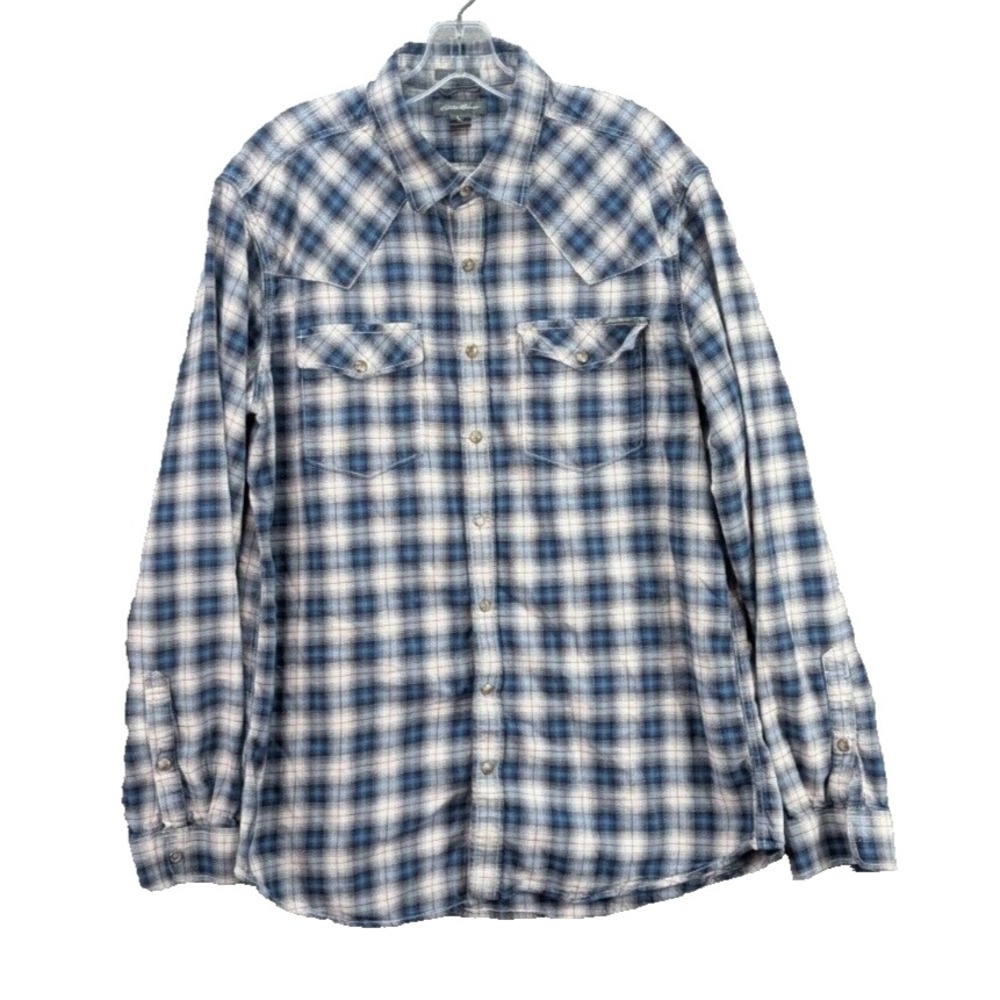 Eddie Bauer Men's L Tall Classic Fit Button Up Flannel Shirt‎ Blue Plaid Preppy